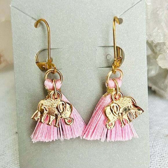 Yellow Gold Lucky Elephant Pink Tassel Dangle Earrings - Picture 1 of 6